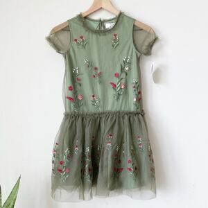 BCBG Girls Forest Green Floral Embroidered Chiffon Dress